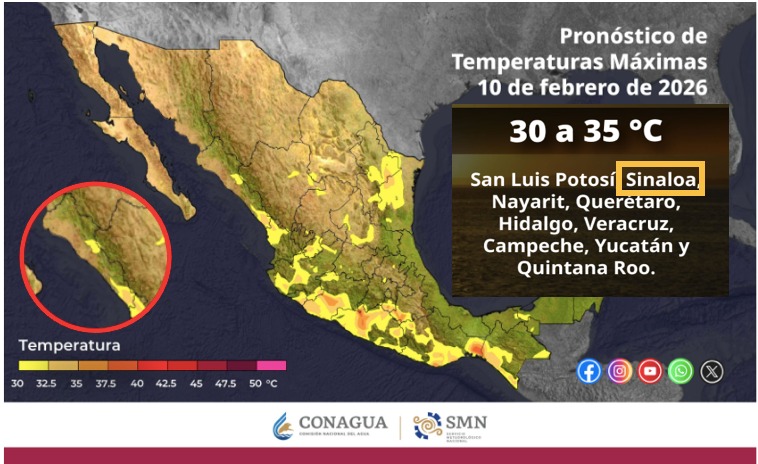 Mapa de México con color amarillo en diferentes tonos indicando las temperaturas máximas este día