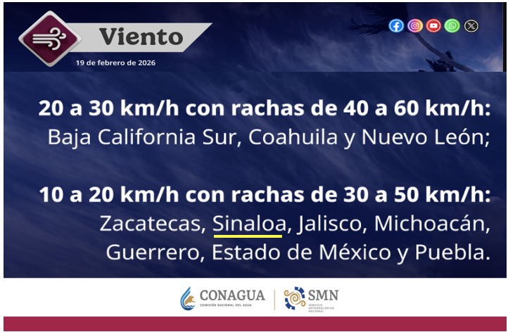 Imagen con información de las rachas de viento en México