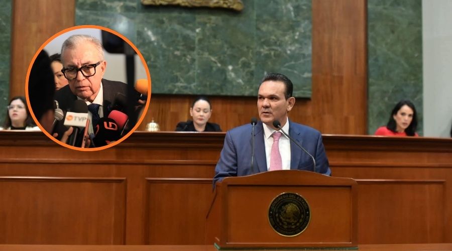 El diputado Sergio Torres en el Congreso del Estado y en un círculo el gobernador de Sinaloa, Rubén Rocha Moya
