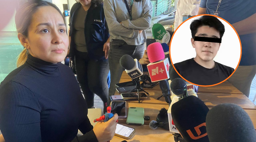 En grande rueda de prensa con madre de Ricardo Mizael y en circulo foto del adolescente difunto