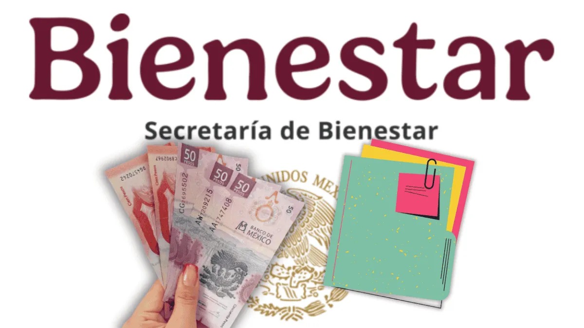 Logo de la bandera de México al lado de dinero y carpetas de archivos llevando como título Secretaría de Bienestar