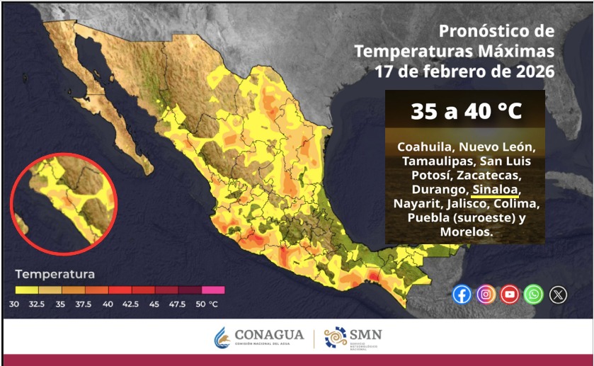 Mapa de México con color amarillo en diferentes tonos indicando las temperaturas máximas este día