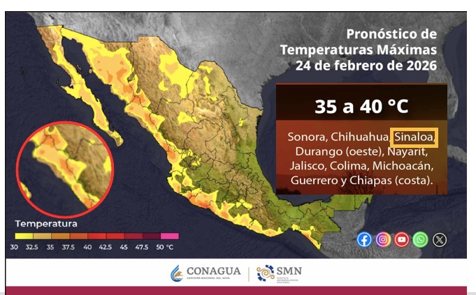 Mapa de México con color amarillo en diferentes tonos indicando las temperaturas máximas este día
