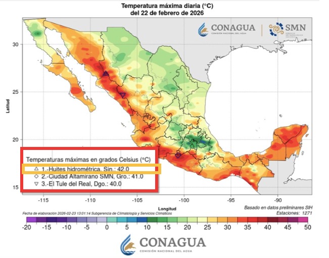 Mapa de México en colores rojo, naranja, amarillo y verde indicando las temperaturas en el país