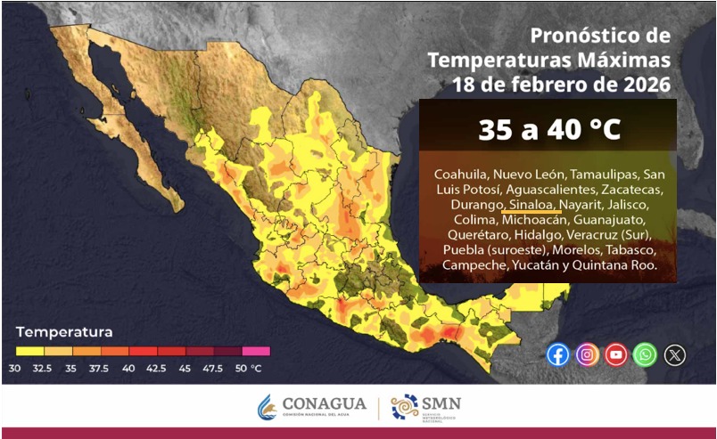 Mapa de México con color amarillo en diferentes tonos indicando las temperaturas máximas este día