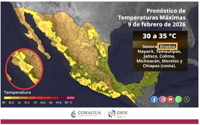 Mapa de México con colores amarillo, café y verde indicando las temperaturas máximas en el país