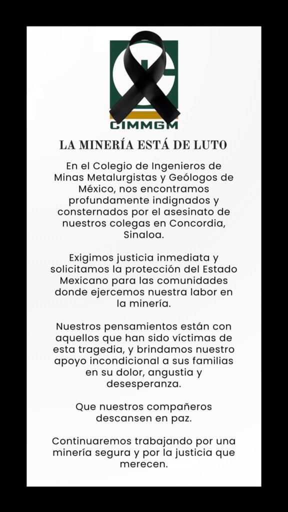 Mensaje por parte de la Asociación de Ingenieros de Minas, Metalurgistas y Geólogos de México (AIMMGM).