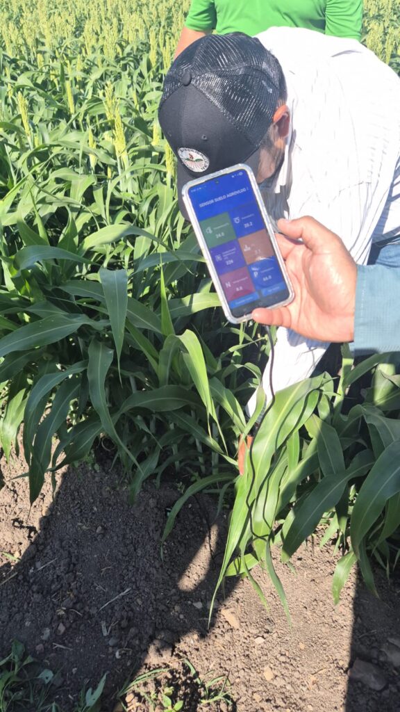 Teléfono encendido mostrando una aplicación mientras están en campo de cultivo