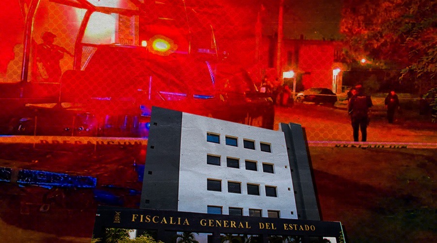 patrullas con luces roja, policias caminando e imagen del edificio de fiscalía general del estado sobrepuesta