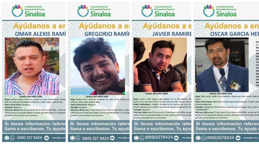 Fichas de búsqueda de cuatro jóvenes presuntamente privados de su libertad