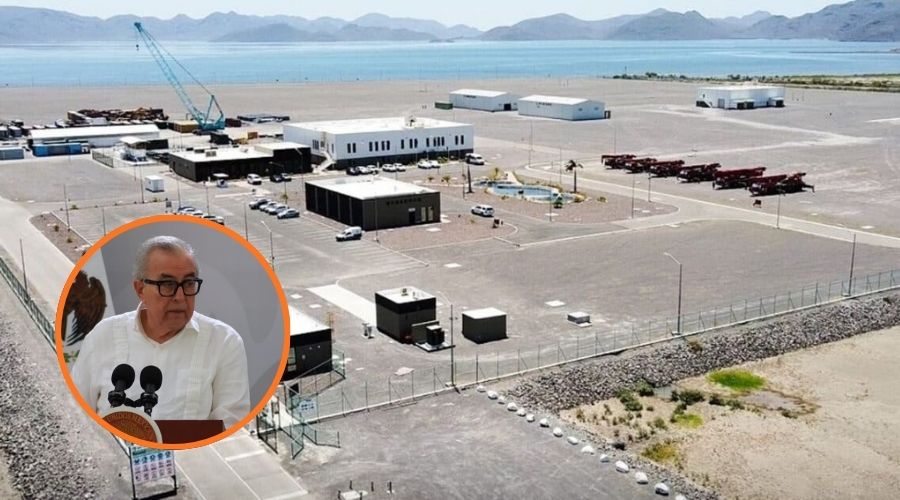 Planta GPO en Topolobampo y en un círculo el gobernador de Sinaloa, Rubén Rocha Moya