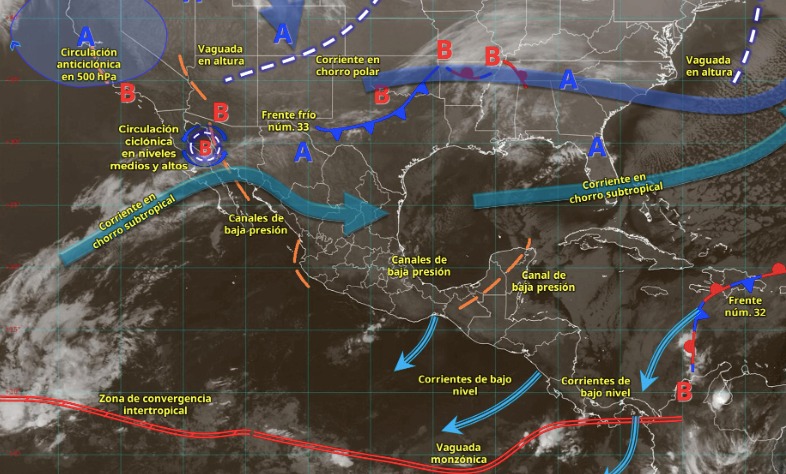 Imagen satelital de México indicando los sistemas meteorológicos activos en México con flechas y líneas
