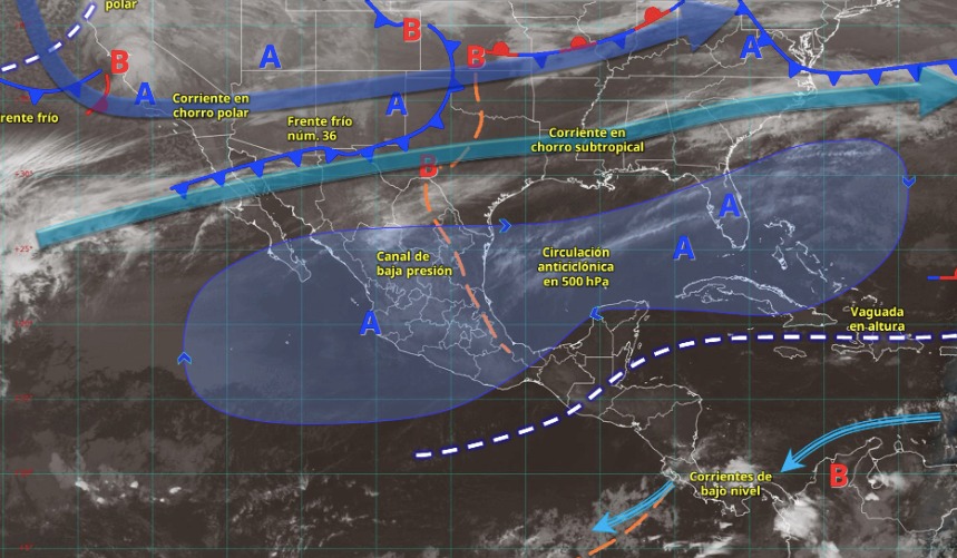 Imagen satelital de México indicando los sistemas meteorológicos activos en México con flechas y líneas