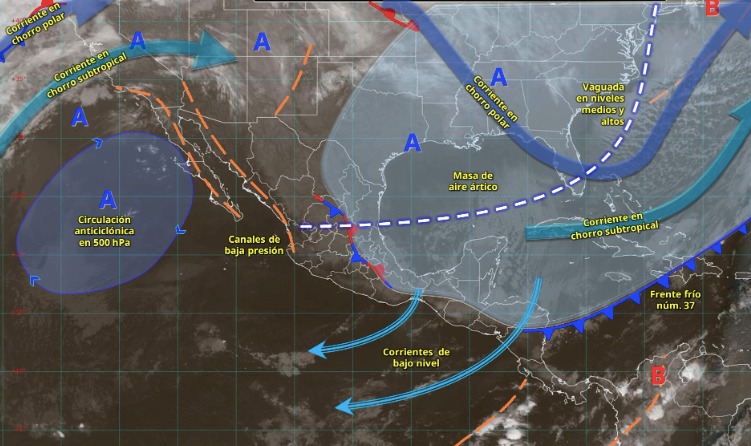 Mapa de México con flechas y líneas indicando los sistemas metereológicos activos en el país