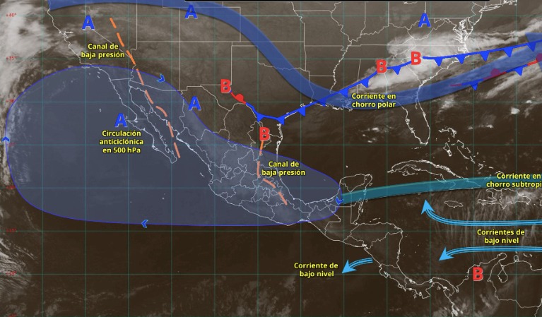 Imagen satelital de México indicando los sistemas meteorológicos activos en México con flechas y líneas