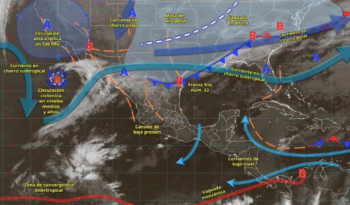 Imagen satelital de México indicando los sistemas meteorológicos activos en México