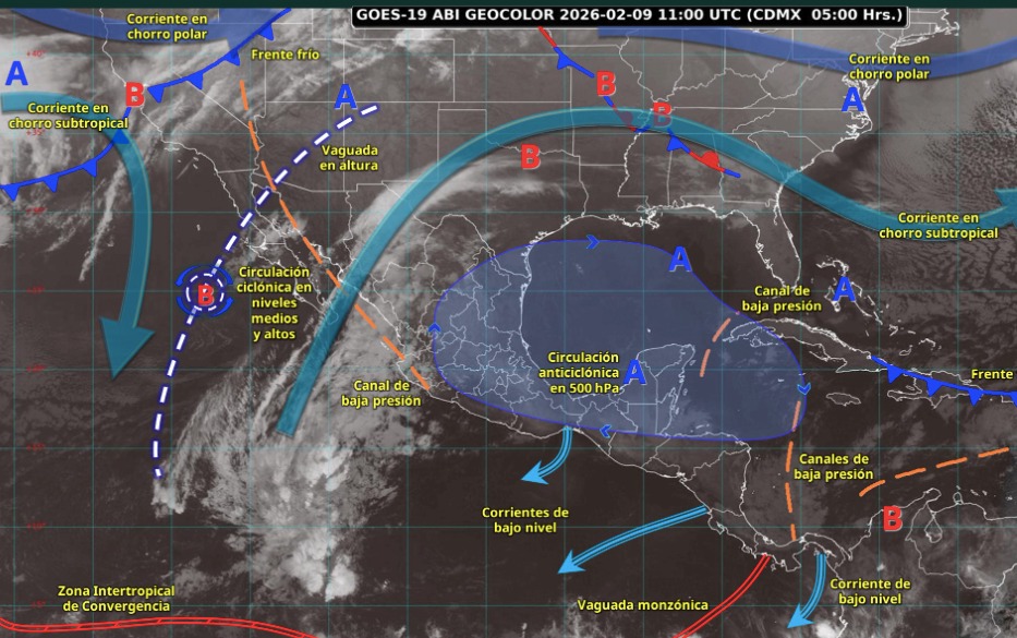 Imagen satelital de México indicando los sistemas meteorológicos activos en México