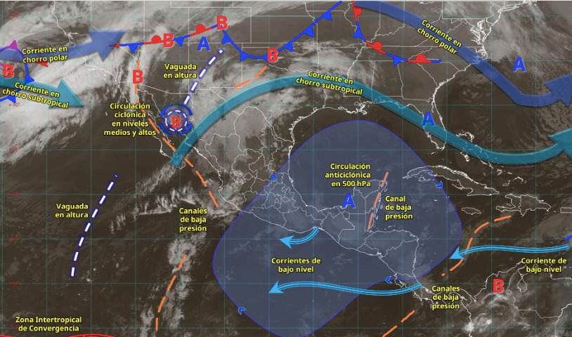 Imagen satelital de México indicando los sistemas meteorológicos activos en México