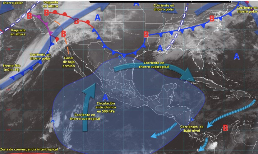 Imagen satelital de México indicando los sistemas meteorológicos activos en México