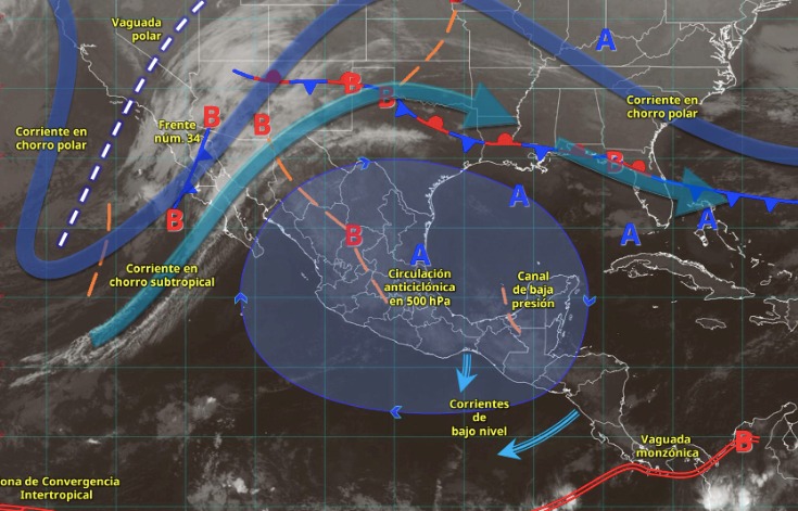 Imagen satelital de México indicando los sistemas meteorológicos activos en México con flechas y líneas