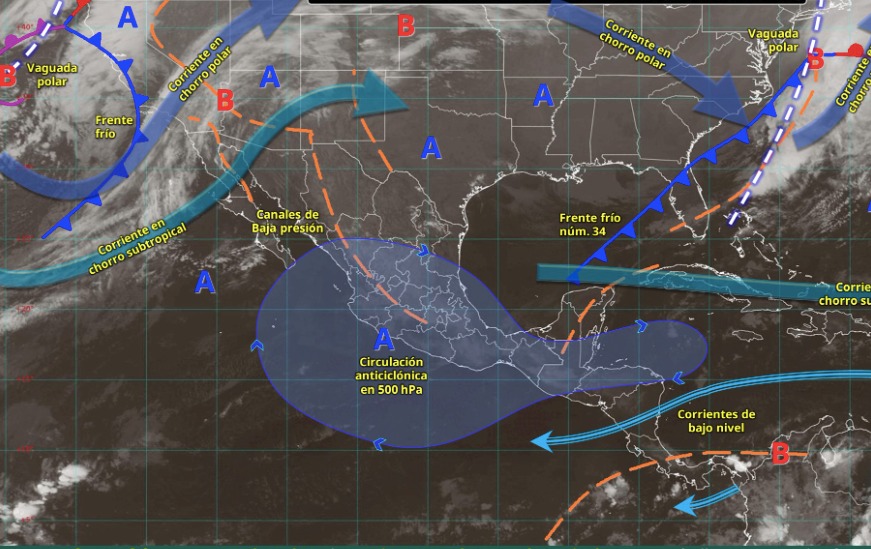 Imagen satelital de México indicando los sistemas meteorológicos activos en México con flechas y líneas