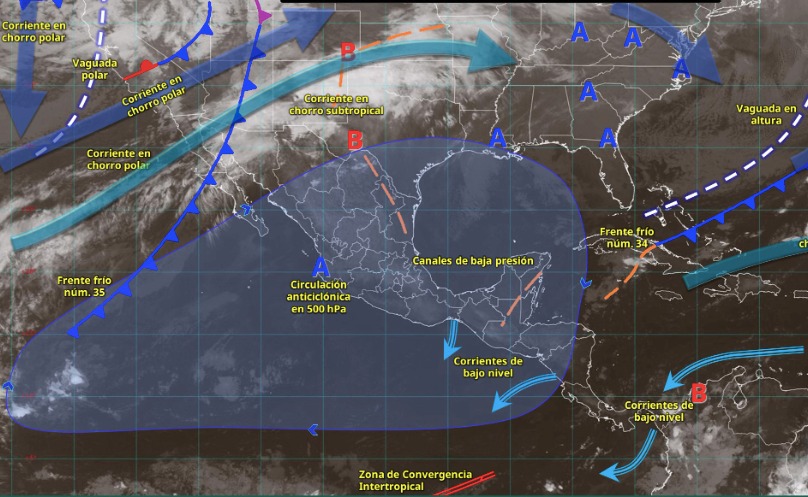 Imagen satelital de México indicando los sistemas meteorológicos activos en México