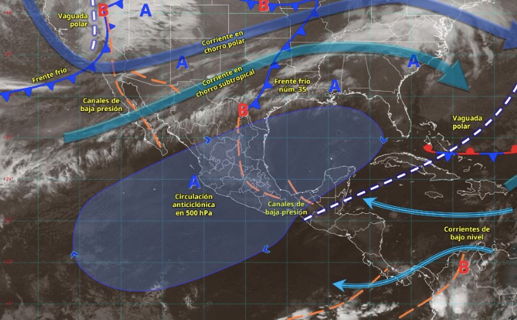Imagen satelital de México indicando los sistemas meteorológicos activos en México con flechas y líneas