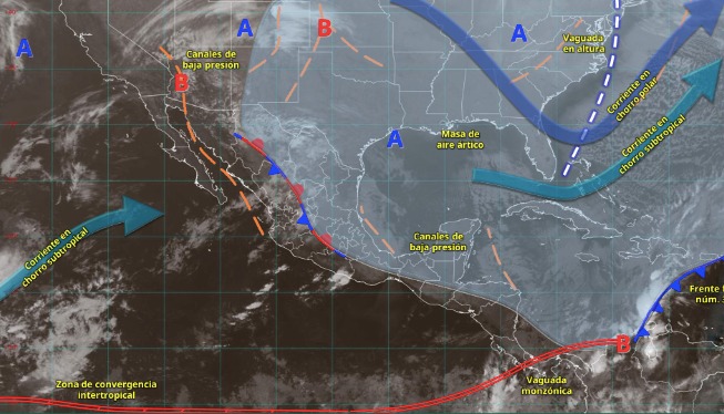 Imagen satelital de México indicando los sistemas meteorológicos activos en México