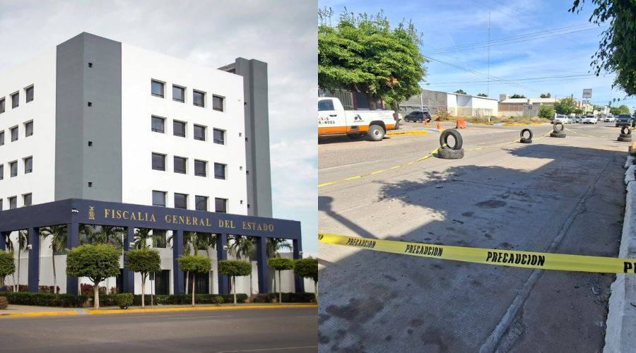Edificio de la Fiscalía y en la siguiente imagen una calle con una cinta amarilla de precaución