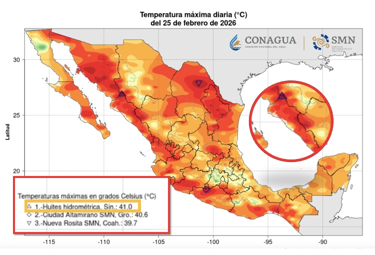 Mapa de México con tonos rojo, naranja, amarillo y verde indicando las altas temperaturas en el país