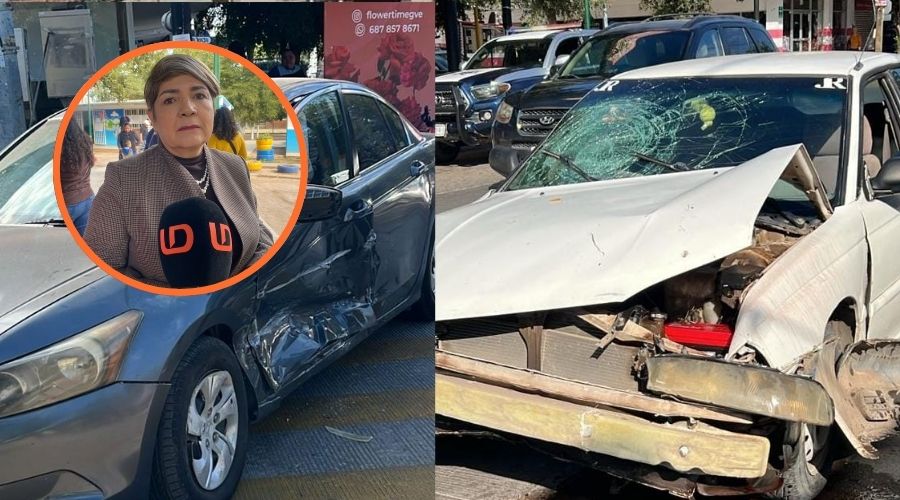 Dos carros chocados junto a alcaldesa de Guasave con micrófono de Línea Directa