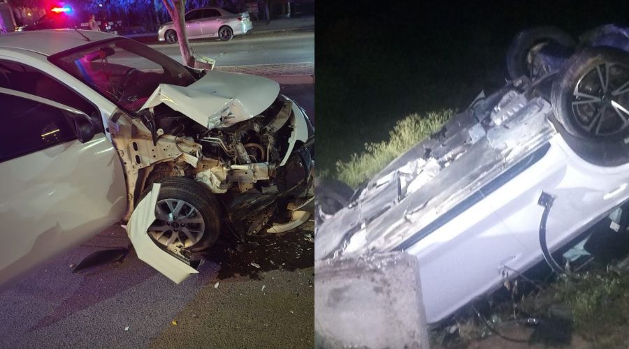A la izquierda carro chocado con daños en la parte del frente y a la derecha carro volcado