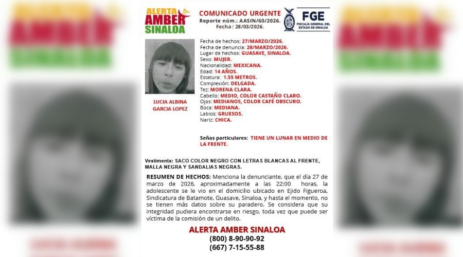 Ficha Alerta Amber de la Fiscalía de Sinaloa para localizar a la adolescente Lucía Albina