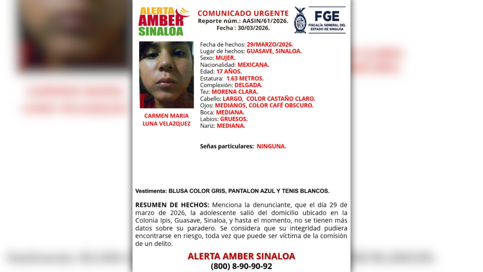Fiscalía activa Alerta Amber para localizar a Carmen María de 17 años