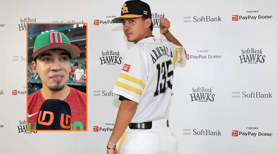 El sinaloense Alexander Armenta en su firma para el beisbol de Japón