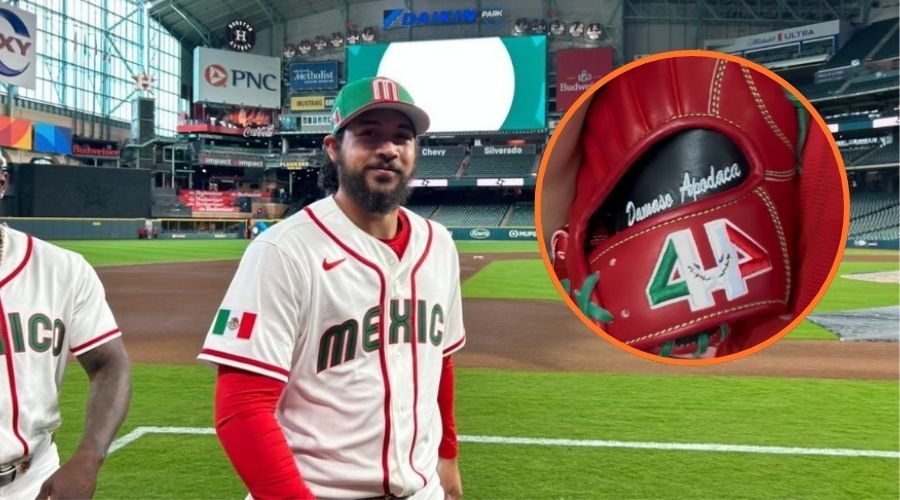 El jugador de beisbol, Andrés Muñóz, en un estadio de beisbol y en un círculo un guante rojo con la leyenda Damaso Muñoz