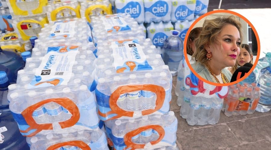 Botellas de agua junto a un circulo con Eneyda Rocha