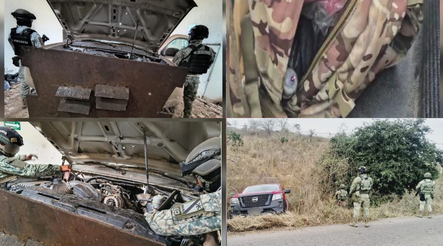 Elementos del Ejército Mexicano con camioneta asegurada con blindaje artesanal