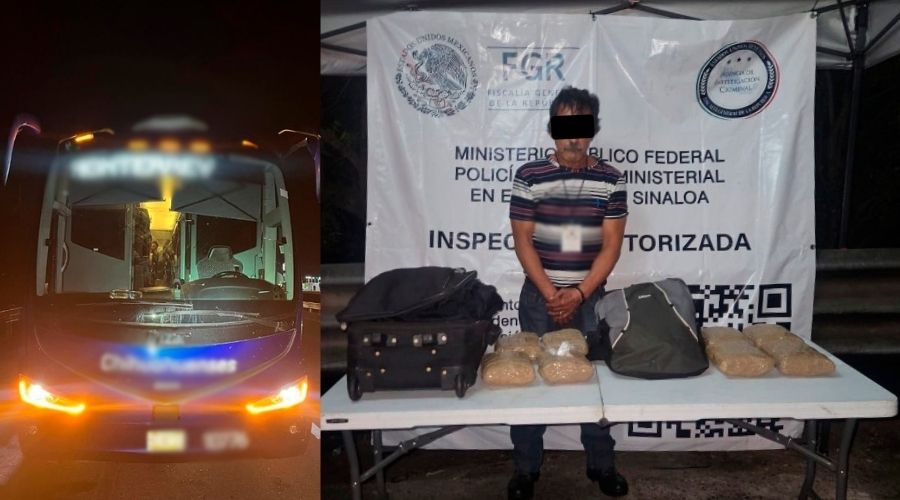 Autobús junto a una persona detenida con una maleta y paquetes