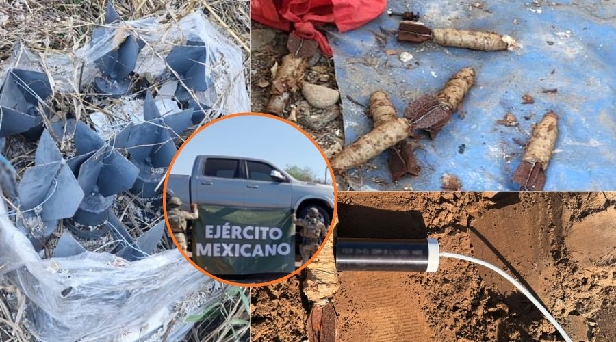 Explosivos y municiones aseguradas además de un vehículo en una grúa con la pancarta del ejercito mexicano