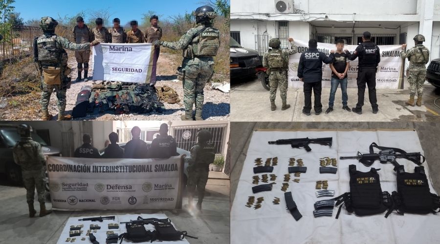 Personas detenidas por la Marina con edifuminado en la cara, además de una manta tirada con armas y cargadores