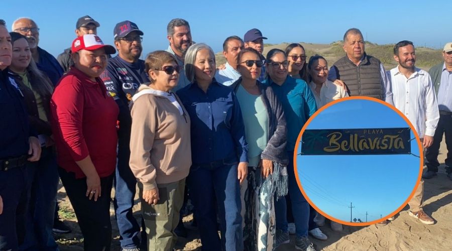 Personas en una zona de playa y en un círculo un letrero de Bellavista