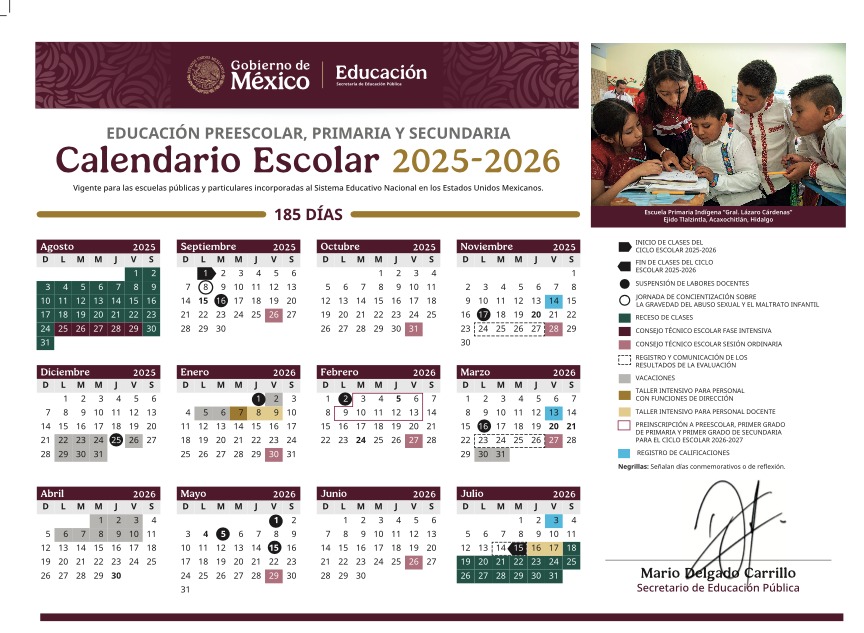 Calendario del ciclo escolar 2025-2026 en México con los meses y días marcados