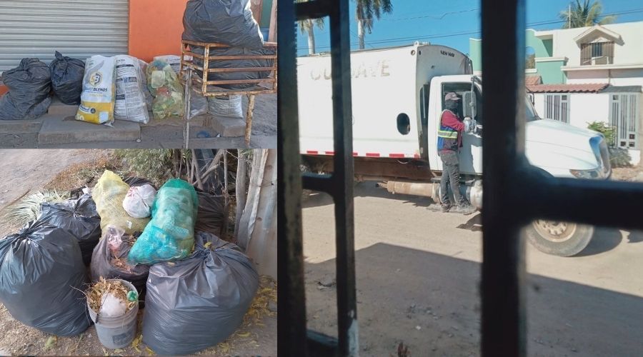 Bolsas de basura junto a un camión recolector