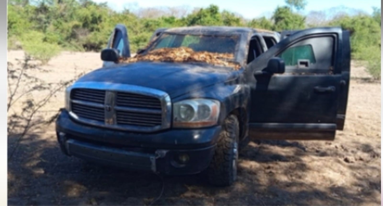 Camioneta de color negro con blindaje y objetos en un lugar tipo campo/bosque