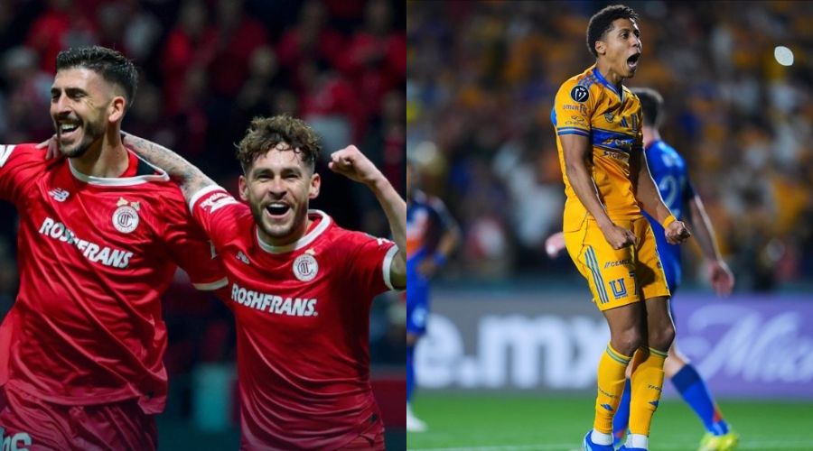 A la izquierda dos jugadores vestidos de rojo abrazados festejando y a la derecha un jugador vestido de amarillo gritando