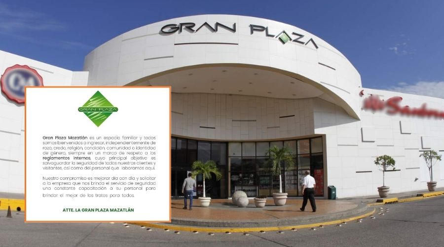 Fachada de la Gran Plaza en Mazatlán y en un recuadro un comunicado