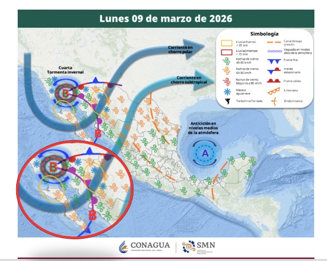 Mapa de México con flechas y nubosidad 