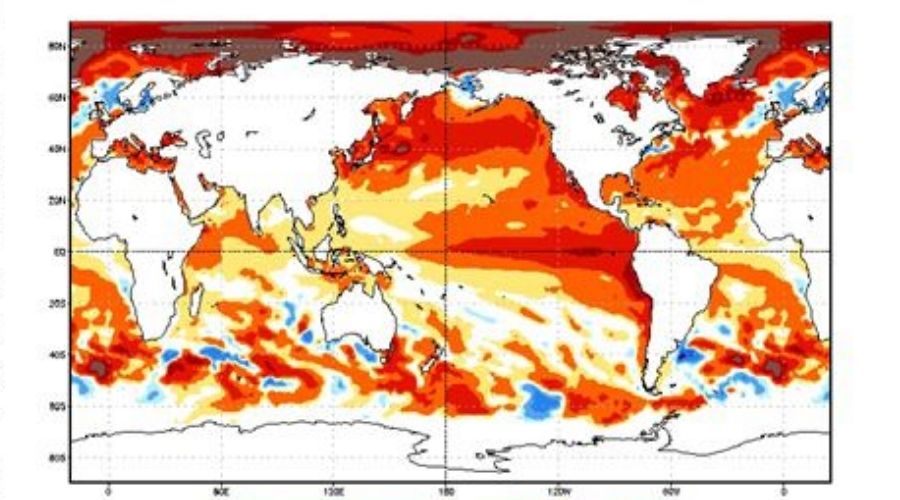 Mapa con tonalidades naranjas y rojas en zonas cálidas
