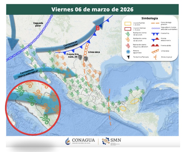 Mapa con tormentas y nubosidad en México